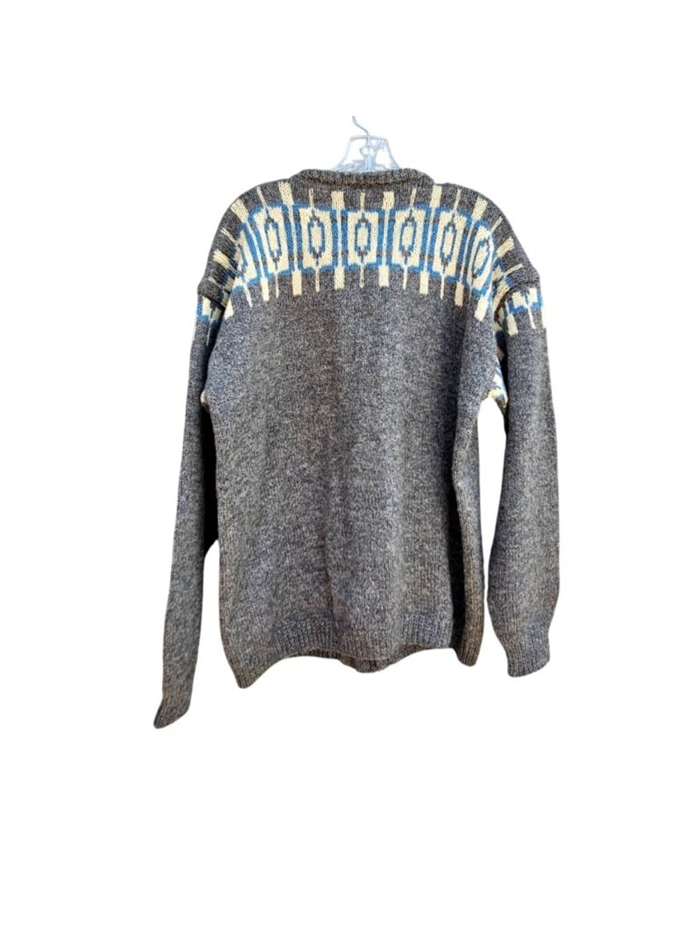 Vintage Hand Knit Nordic Wool Cardigan Gray Geometric Unisex XL - Picture 3 of 15